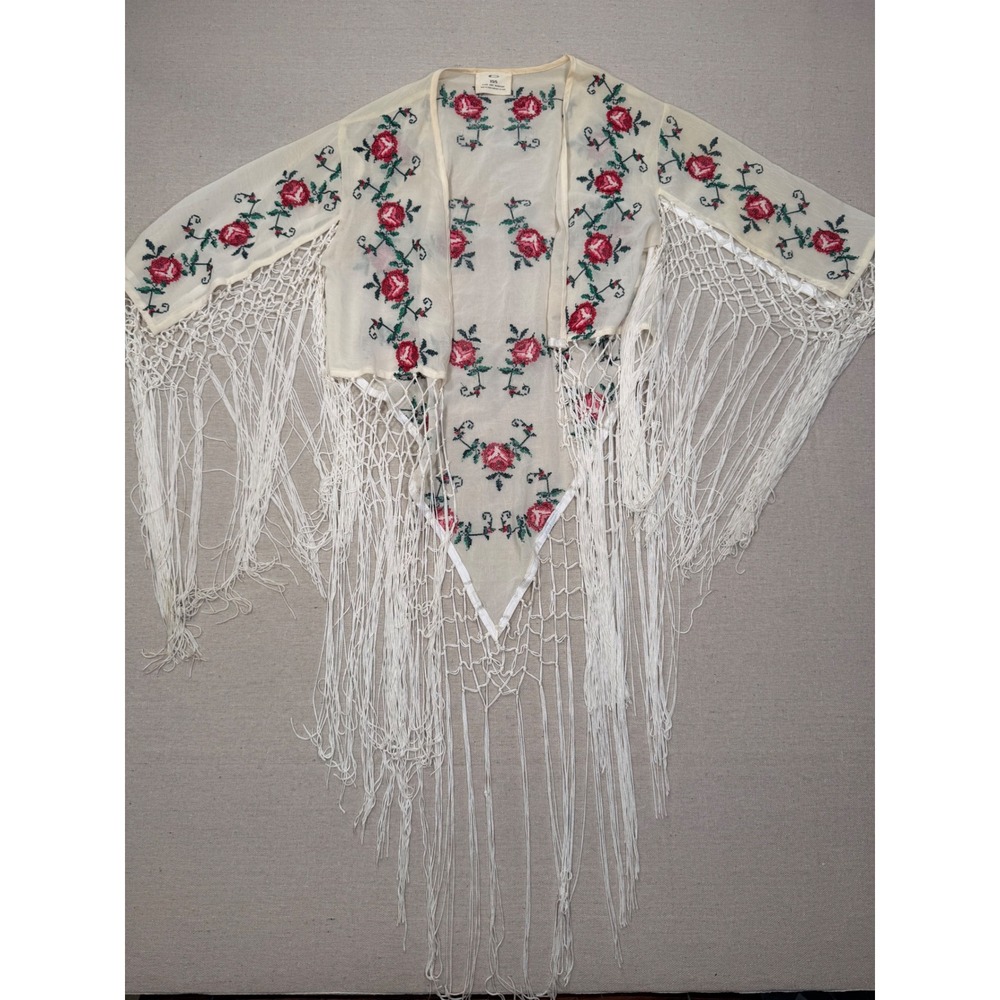 Pins and Needles Urban Outfitters Rose Embroidered Fringe Kimono Wrap Cream XS/S
